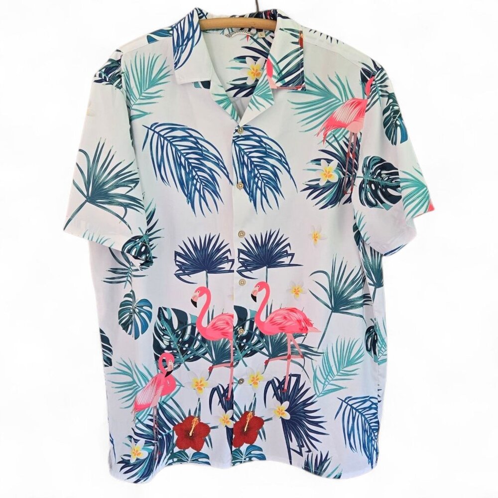 Flamingo Button-Up Hawaiian Shirt Tropical Palm & Hibiscus Print White L